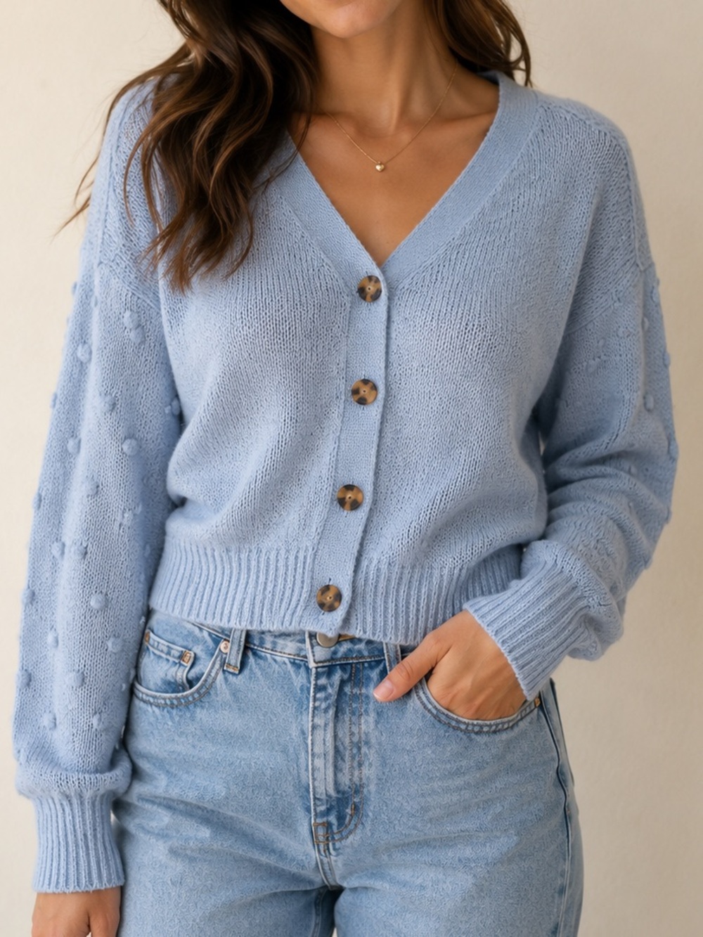 Baby Blue Cottagecore Cropped Cardigan with Button Detail